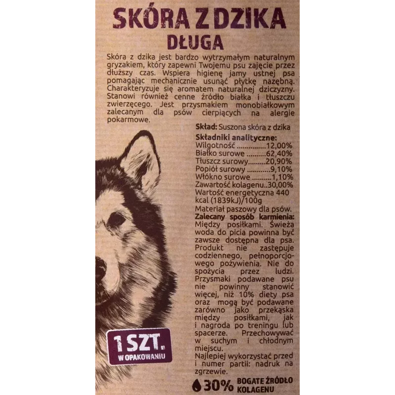 Kramtomas žaislas šunims MACED Wild boar skin 45 cm — natūrali odos kramtukas, 40 g, šernienos skonio, be cukraus ir glitimo