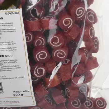 Sausas šunų skanėstis MACED Antis ir Žuvis Sushi 500 g – papildomas dresūros užkandis, baltymai 30%, riebalai 2%, be glitimo