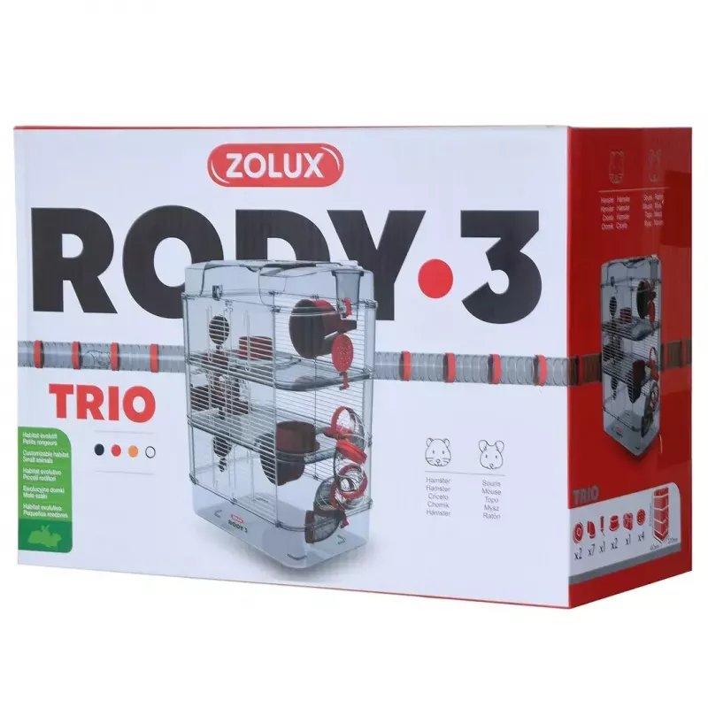 Narvelis graužikams ZOLUX Rody3 Trio – metalinis/plastikinis, 410×270×530 mm, 3 kg, su bėgimo ratu