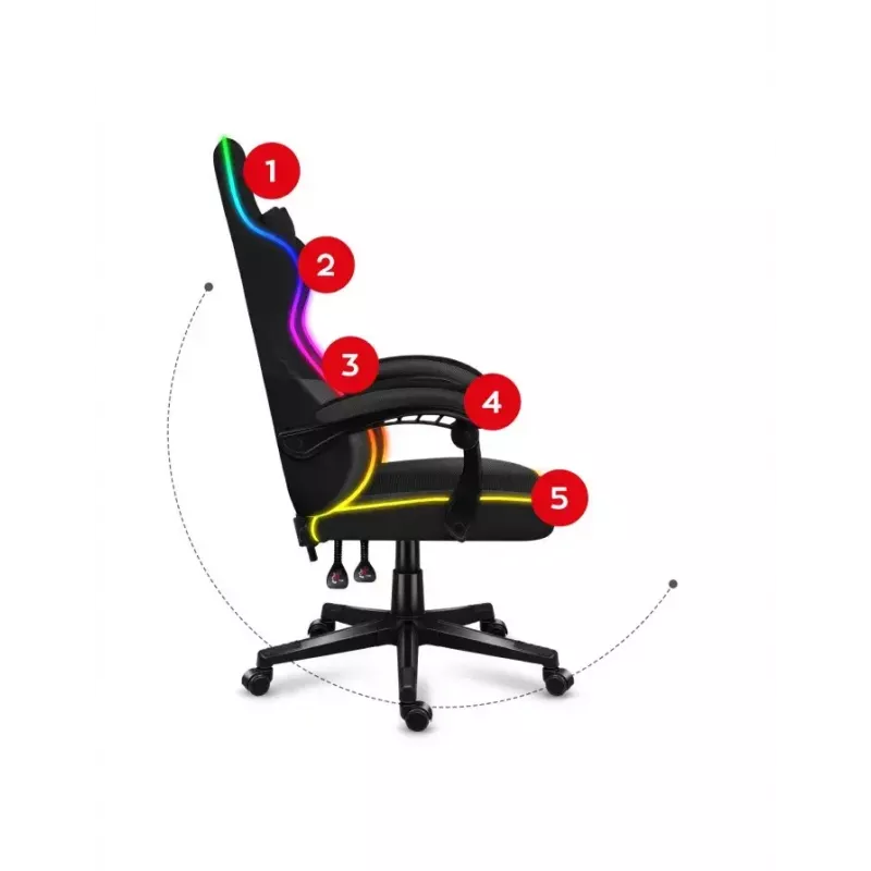 Žaidimų kėdė Huzaro FORCE 4.4 RGB Black – audeklinis kaušinis sėdėjimas, max 130 kg, reguliuojama atlošas, aukštis 115–125 cm, RGB apšvietimas