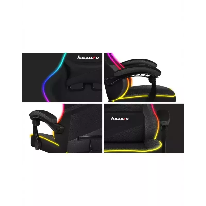 Žaidimų kėdė Huzaro FORCE 4.4 RGB Black – audeklinis kaušinis sėdėjimas, max 130 kg, reguliuojama atlošas, aukštis 115–125 cm, RGB apšvietimas