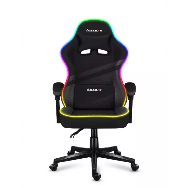 Žaidimų kėdė Huzaro FORCE 4.4 RGB Black – audeklinis kaušinis sėdėjimas, max 130 kg, reguliuojama atlošas, aukštis 115–125 cm, RGB apšvietimas