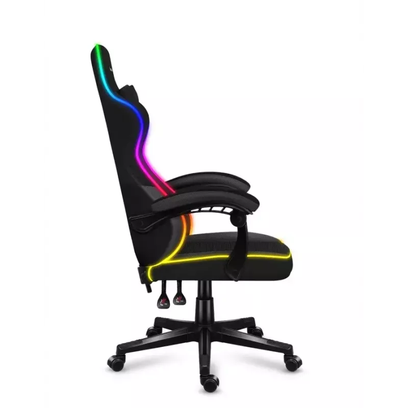 Žaidimų kėdė Huzaro FORCE 4.4 RGB Black – audeklinis kaušinis sėdėjimas, max 130 kg, reguliuojama atlošas, aukštis 115–125 cm, RGB apšvietimas