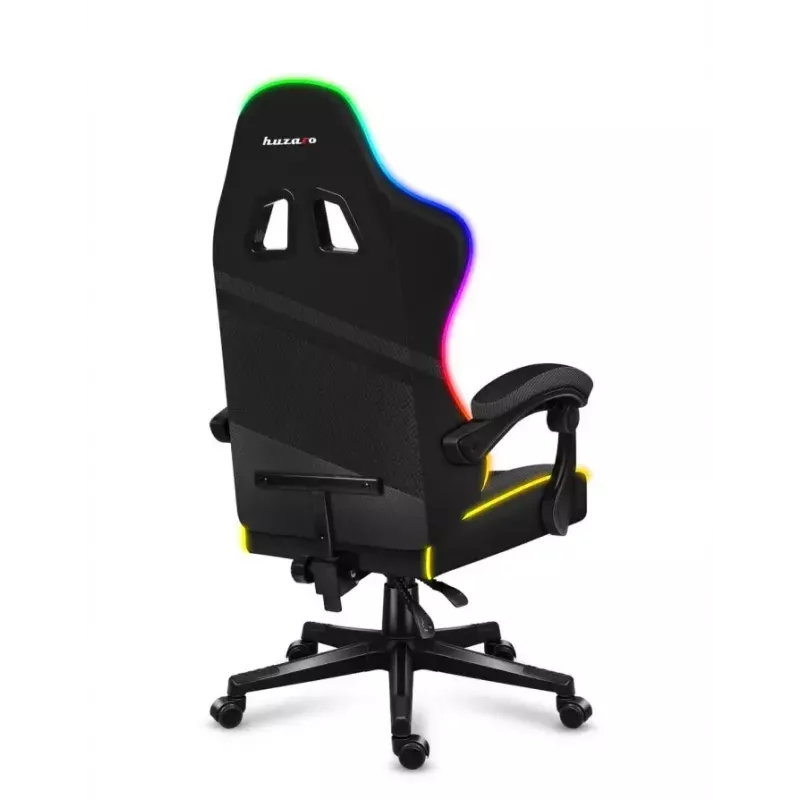 Žaidimų kėdė Huzaro FORCE 4.4 RGB Black – audeklinis kaušinis sėdėjimas, max 130 kg, reguliuojama atlošas, aukštis 115–125 cm, RGB apšvietimas