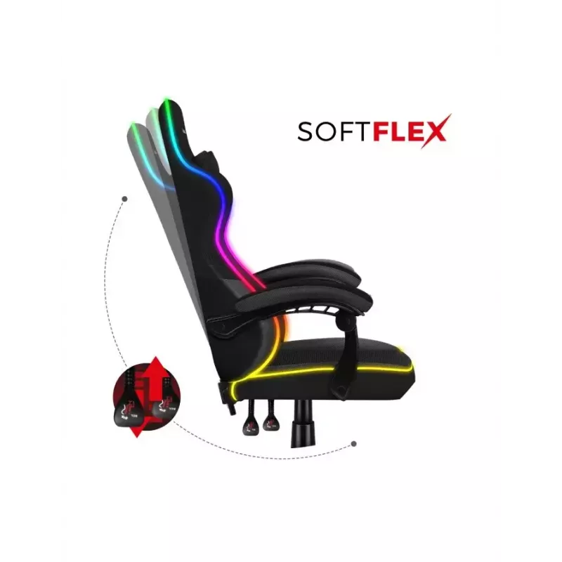 Žaidimų kėdė Huzaro FORCE 4.4 RGB Black – audeklinis kaušinis sėdėjimas, max 130 kg, reguliuojama atlošas, aukštis 115–125 cm, RGB apšvietimas