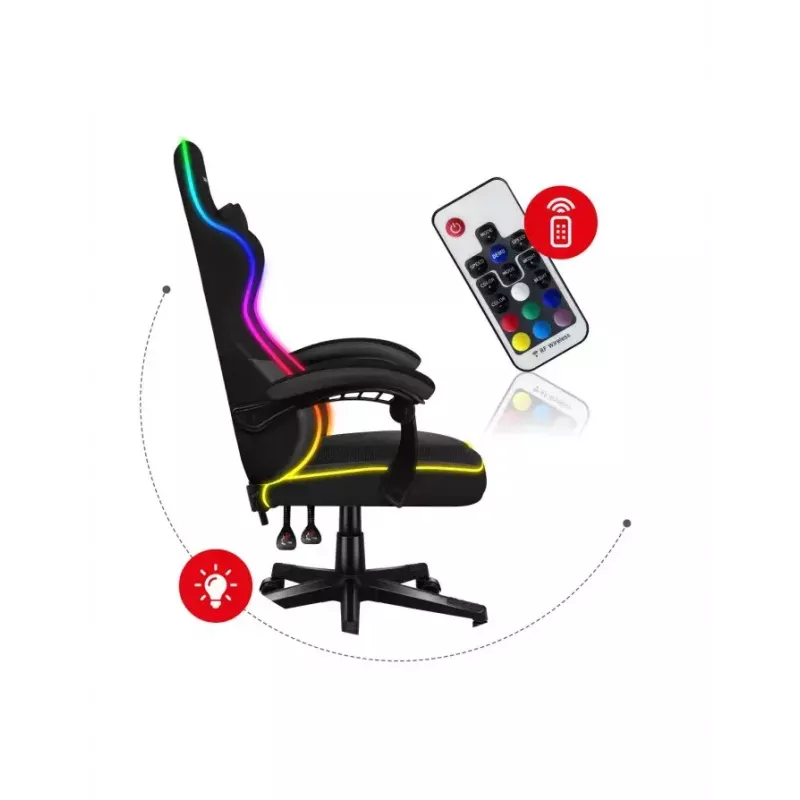 Žaidimų kėdė Huzaro FORCE 4.4 RGB Black – audeklinis kaušinis sėdėjimas, max 130 kg, reguliuojama atlošas, aukštis 115–125 cm, RGB apšvietimas