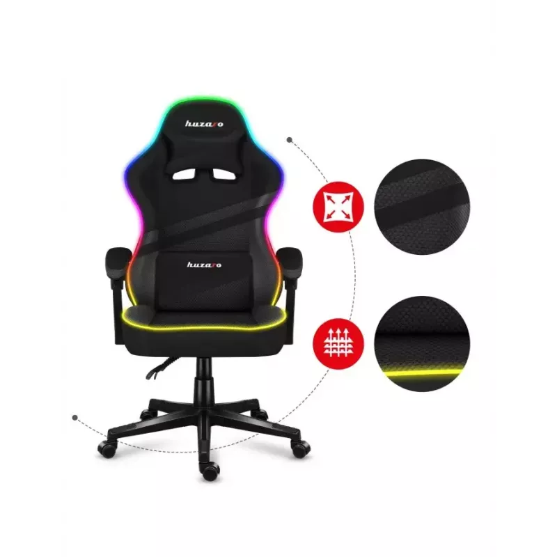 Žaidimų kėdė Huzaro FORCE 4.4 RGB Black – audeklinis kaušinis sėdėjimas, max 130 kg, reguliuojama atlošas, aukštis 115–125 cm, RGB apšvietimas