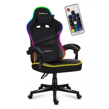 Žaidimų kėdė Huzaro FORCE 4.4 RGB Black – audeklinis kaušinis sėdėjimas, max 130 kg, reguliuojama atlošas, aukštis 115–125 cm, RGB apšvietimas