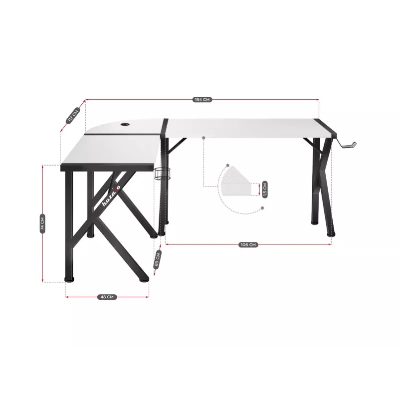 Kampinis žaidimų stalas Huzaro Hero 6.3 Baltas L-formos anglies pluošto viršus 1540×1170×740 mm
