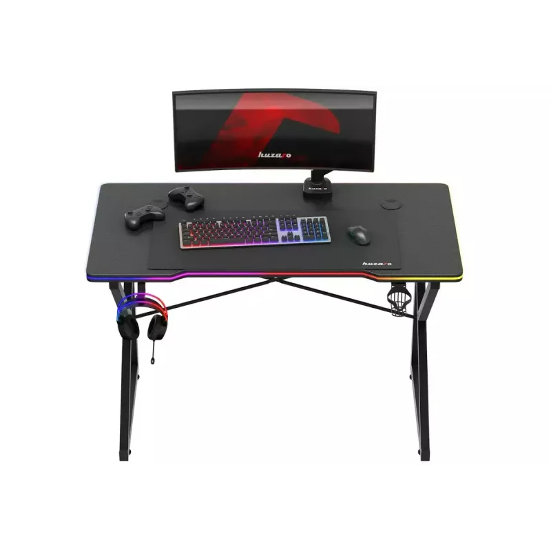 Gaminimo stalas Huzaro Hero 1.7 RGB Black – tiesus ergonomiškas stalas 1200×600 mm, 750 mm aukštis, LED, puodelio laikiklis, ausinių kablys
