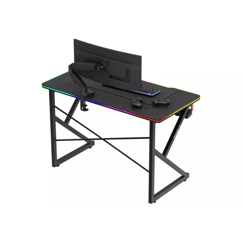 Gaminimo stalas Huzaro Hero 1.7 RGB Black – tiesus ergonomiškas stalas 1200×600 mm, 750 mm aukštis, LED, puodelio laikiklis, ausinių kablys