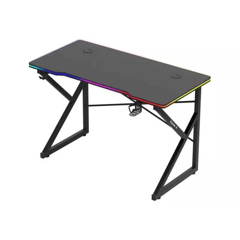 Gaminimo stalas Huzaro Hero 1.7 RGB Black – tiesus ergonomiškas stalas 1200×600 mm, 750 mm aukštis, LED, puodelio laikiklis, ausinių kablys