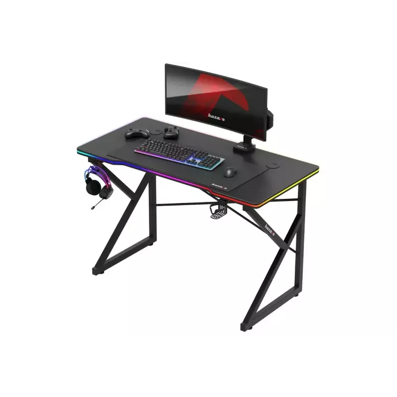 Gaminimo stalas Huzaro Hero 1.7 RGB Black – tiesus ergonomiškas stalas 1200×600 mm, 750 mm aukštis, LED, puodelio laikiklis, ausinių kablys