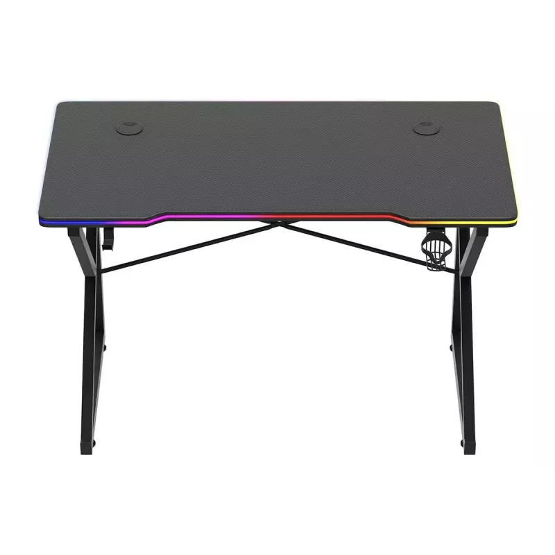 Gaminimo stalas Huzaro Hero 1.7 RGB Black – tiesus ergonomiškas stalas 1200×600 mm, 750 mm aukštis, LED, puodelio laikiklis, ausinių kablys