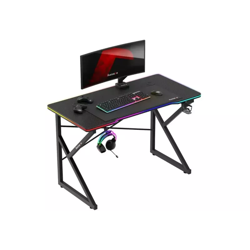 Gaminimo stalas Huzaro Hero 1.7 RGB Black – tiesus ergonomiškas stalas 1200×600 mm, 750 mm aukštis, LED, puodelio laikiklis, ausinių kablys