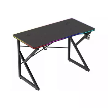 Gaminimo stalas Huzaro Hero 1.7 RGB Black – tiesus ergonomiškas stalas 1200×600 mm, 750 mm aukštis, LED, puodelio laikiklis, ausinių kablys