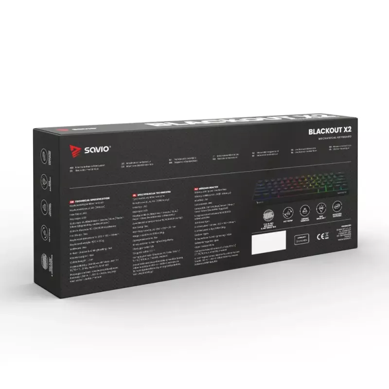 Mechaninė žaidimų klaviatūra SAVIO BLACKOUT X2 BLUE, 61 klavišas 60% USB-C atjungiamas laidas, RGB LED, Outemu Blue jungikliai, N-key rollover