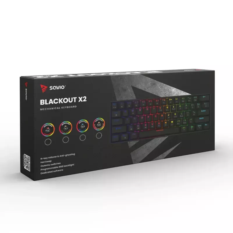 Mechaninė žaidimų klaviatūra SAVIO BLACKOUT X2 BLUE, 61 klavišas 60% USB-C atjungiamas laidas, RGB LED, Outemu Blue jungikliai, N-key rollover