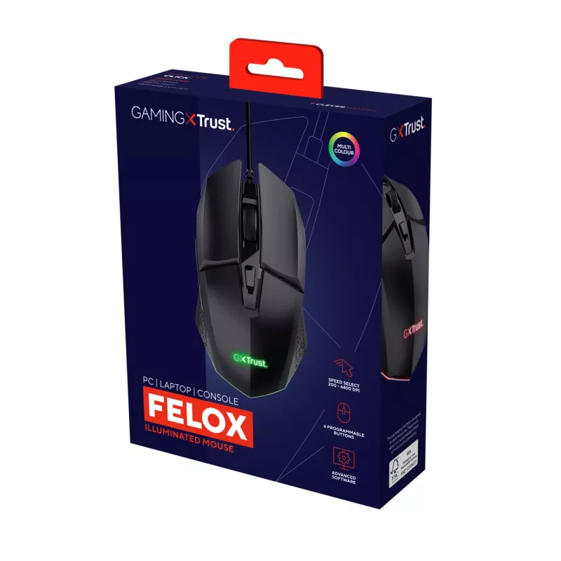 Trust GXT 109 Felox žaidimų pelė, dešinei rankai, USB Type-A, optinė, 6400 DPI