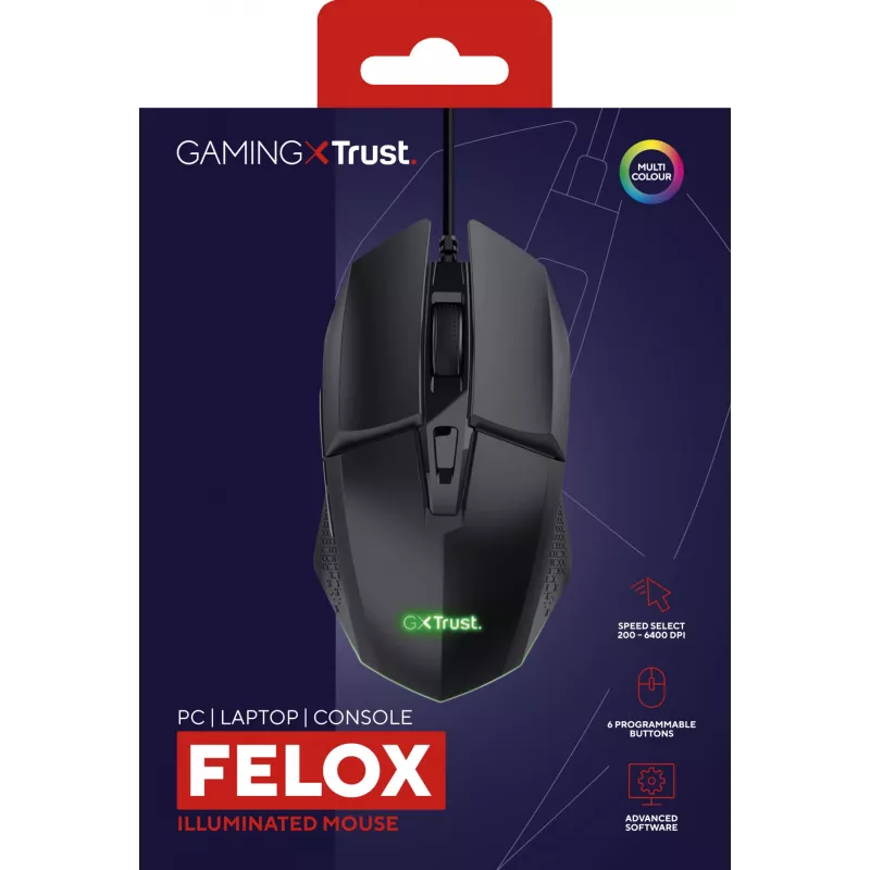 Trust GXT 109 Felox žaidimų pelė, dešinei rankai, USB Type-A, optinė, 6400 DPI