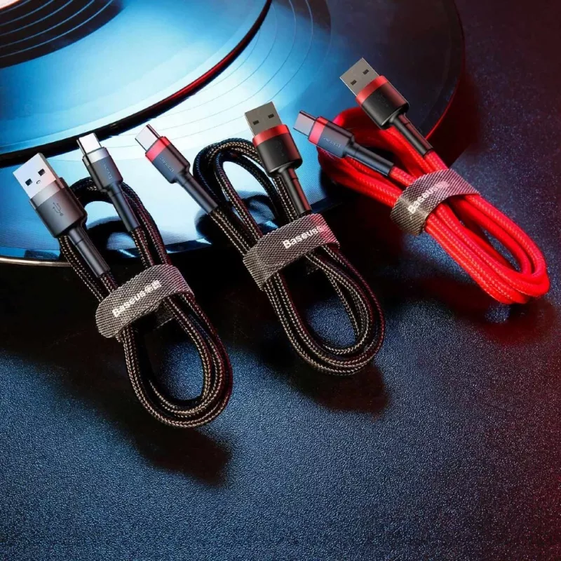 BASEUS Cafule greito įkrovimo laidas – USB-A į USB-C, 2A, 2m, juodas (nailoninis pynimas)
