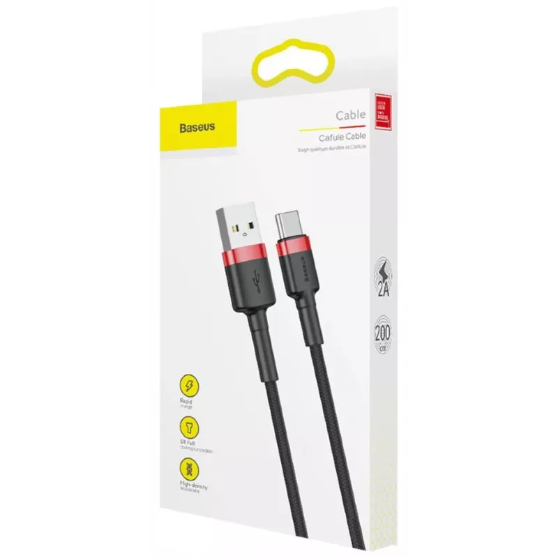 BASEUS Cafule greito įkrovimo laidas – USB-A į USB-C, 2A, 2m, juodas (nailoninis pynimas)