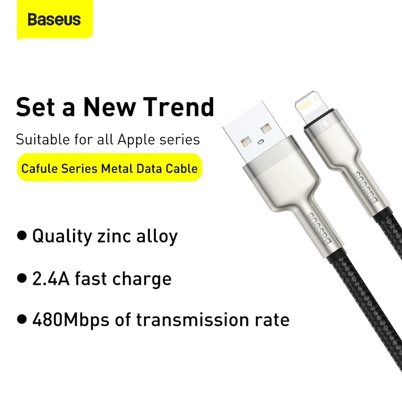 BASEUS Fast Charge Cafule duomenų perdavimo laidas - USB Type-A į Lightning - 480Mbps (2,4A PD) - 1m - Juodas