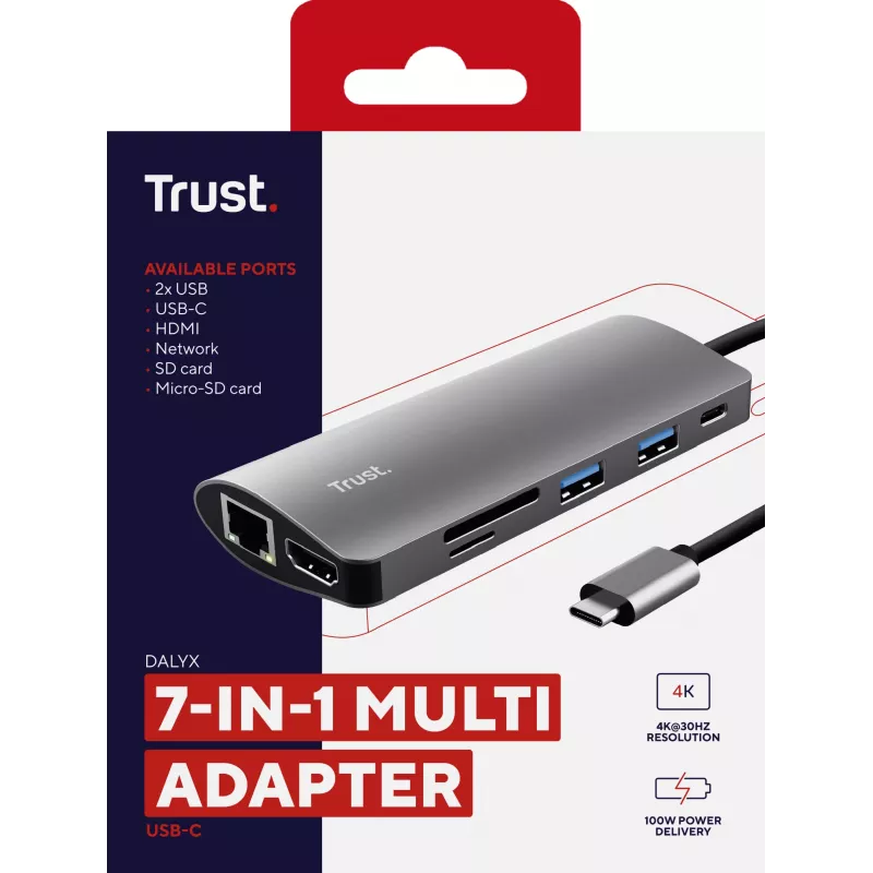 Trust Dalyx 7-in-1 USB-C adapteris HDMI, Ethernet, USB 3.2 Gen 1, kortelių skaitytuvas