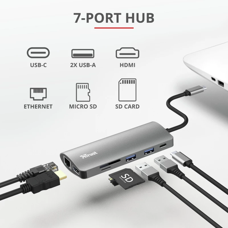 Trust Dalyx 7-in-1 USB-C adapteris HDMI, Ethernet, USB 3.2 Gen 1, kortelių skaitytuvas