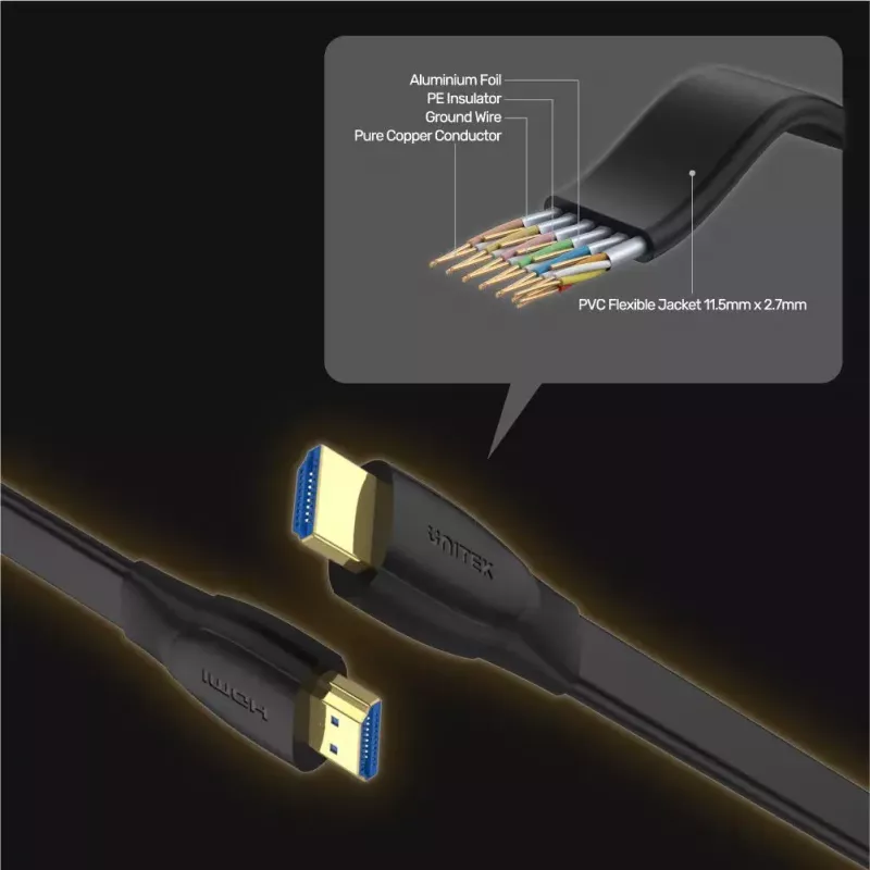 HDMI kabelis Unitek C11063BK-2M 2 m, HDMI 2.0, 18 Gbit/s, 4K@60Hz, ARC, plokščias juodas