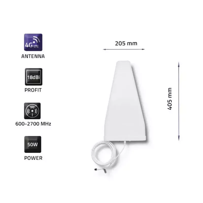 Išorinė 4G LTE antena QOLTEC 57021, 18 dBi, 600–2700 MHz, 50 Ω, 50 W, balta