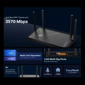 TP-Link Archer BE3600 belaidis maršrutizatorius 2,5 Gigabit Ethernet dviejų juostų (2,4 GHz / 5 GHz) juodas