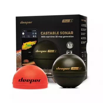 Nešiojamas žvejybos sonaras Deeper Smart Sonar CHIRP+3 Wi‑Fi — metamas belaidis sonaras, max gylis 100 m, kūgio kampai 47°/20°/7°, Wi‑Fi, GPS/GLONASS