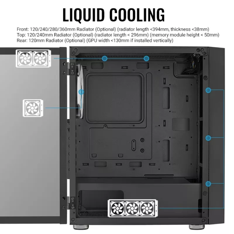 Korpusas AEROCOOL Graphite-G-BK-v2, juodas, ATX/Micro-ATX/Mini-ITX, priekyje 2×140mm + gale 1×140mm