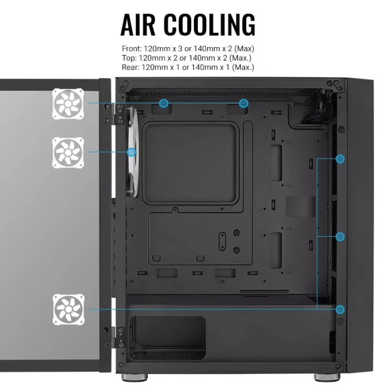Korpusas AEROCOOL Graphite-G-BK-v2, juodas, ATX/Micro-ATX/Mini-ITX, priekyje 2×140mm + gale 1×140mm
