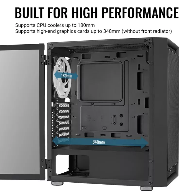 Korpusas AEROCOOL Graphite-G-BK-v2, juodas, ATX/Micro-ATX/Mini-ITX, priekyje 2×140mm + gale 1×140mm