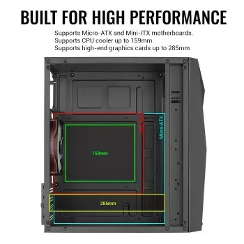 Korpusas AEROCOOL Raider Mini G V3, Mini-ITX / microATX, juodas, šoninis langas, žalias LED, max GPU 285 mm, CPU aušintuvas 159 mm