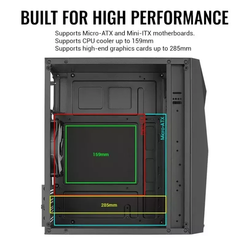 Korpusas AEROCOOL Raider Mini G V3, Mini-ITX / microATX, juodas, šoninis langas, žalias LED, max GPU 285 mm, CPU aušintuvas 159 mm