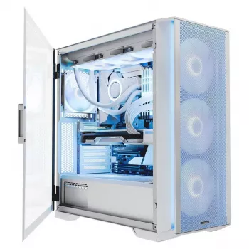 PC korpusas MODECOM HORIZON FLOW MIDI White — Midi bokštas, ARGB, grūdintas stiklas, micro ATX, USB-C, 3x140 mm priekyje, 1x140 mm gale, GPU iki 400 mm, aušintuvo aukštis 172 mm