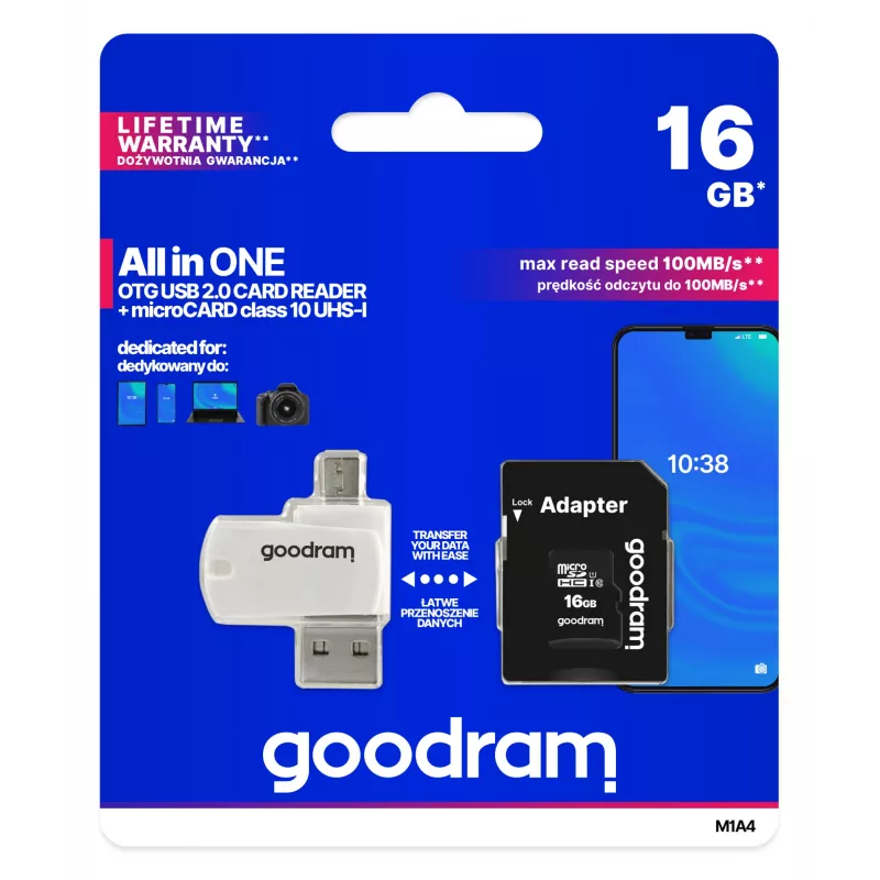 Goodram M1A4 All in One 16 GB MicroSDHC UHS-I Class 10 kortelių skaitytuvas su atminties kortele