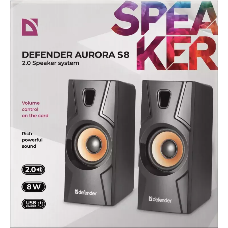 Staliniai laidiniai garsiakalbiai DEFENDER Aurora S8 — 2.0, 8 W RMS, USB maitinimas, 3,5 mm, juodi