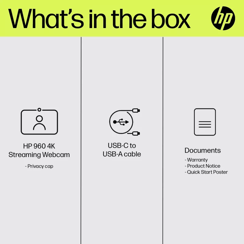 HP 960 4K srautinio transliavimo internetinė kamera, 8 MP, 3840 x 2160 pikselių, 4K Ultra HD, 30 kadrų/s, 5x, skirta namams
