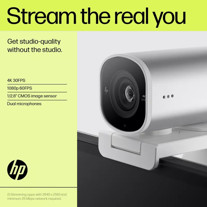HP 960 4K srautinio transliavimo internetinė kamera, 8 MP, 3840 x 2160 pikselių, 4K Ultra HD, 30 kadrų/s, 5x, skirta namams