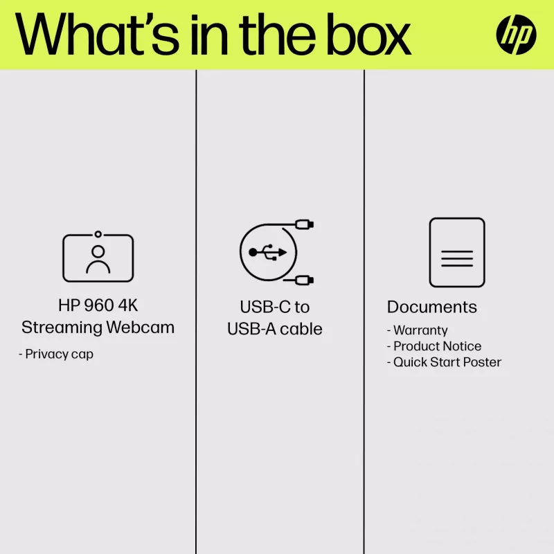HP 960 4K srautinio transliavimo internetinė kamera, 8 MP, 3840 x 2160 pikselių, 4K Ultra HD, 30 kadrų/s, 5x, skirta namams
