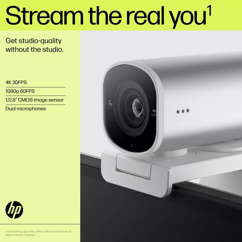 HP 960 4K srautinio transliavimo internetinė kamera, 8 MP, 3840 x 2160 pikselių, 4K Ultra HD, 30 kadrų/s, 5x, skirta namams