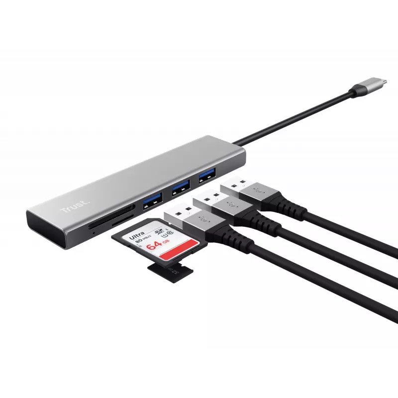 Trust Halyx USB 3.2 Gen 1 tipo C 3 prievadų USB šakotuvas su SD kortelių skaitytuvu, aliuminis