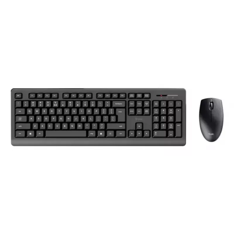 Belaidis klaviatūros ir pelės rinkinys TRUST Primo — pilno dydžio QWERTY US anglų klaviatūra, RF USB-A imtuvas, 1200 DPI optinė pelė, juoda