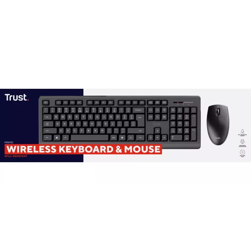 Belaidis klaviatūros ir pelės rinkinys TRUST Primo — pilno dydžio QWERTY US anglų klaviatūra, RF USB-A imtuvas, 1200 DPI optinė pelė, juoda