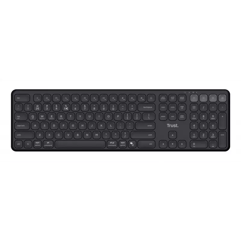 Belaidė klaviatūra TRUST Vaiya Universal USB RF Bluetooth – Pilno dydžio JAV išdėstymas, USB-C įkrovimas, žirkliniai klavišai, skaičių blokas, juoda