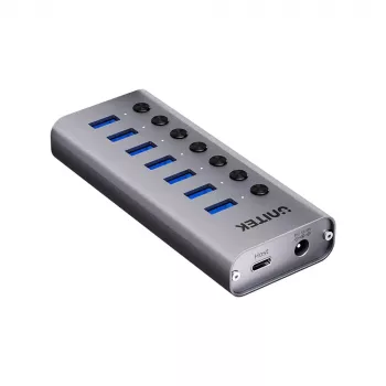 USB Type-C stotelė Unitek H1314A01-EU — 7× USB 3.2 Gen1 Type-A, SD kortelių skaitytuvas, Gigabit Ethernet, 4K@60Hz, 100W PD, aliuminis, pilka